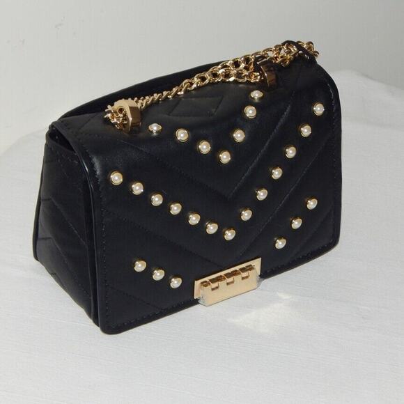 ZAC POSEN SOFT EARTHETTE Pearl Lady Chevron Quilted Chain Shoulder Bag Black NWT - Picture 7 of 14